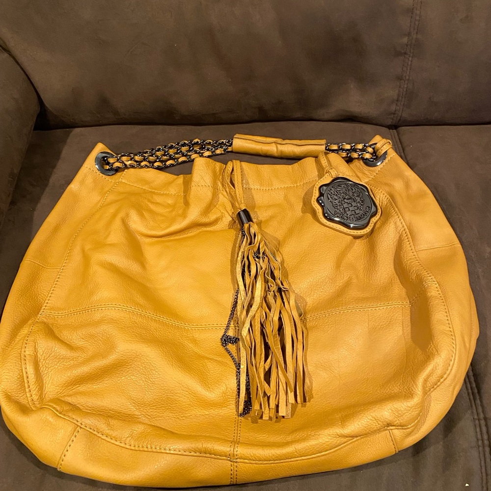 Vince Camuto Mustard Yellow/Tan Leather Tote Bag with Tassel Accent